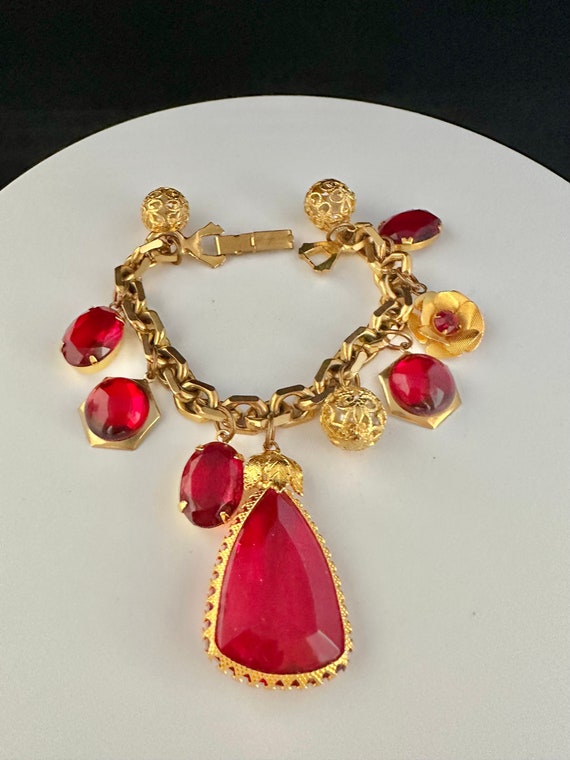 Vintage Gold and Red Glass Charm Bracelet Unsigned