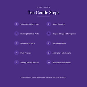 Puede incluir: Un gr&aacute;fico informativo morado titulado Ten Gentle Steps con una lista de diez elementos numerados: 1 Where Am I Right Now?, 2 Naming the Hard Parts, 3 My Warning Signs, 4 Daily Anchors, 5 Weekly Reset Check-In, 6 Safety Planning, 7 Respite & Support Navigation, 8 My Support Map, 9 Asking for Help: Scripts, 10 Boundaries Worksheet, adem&aacute;s de espacio para reflexi&oacute;n y diario y un directorio completo de recursos.