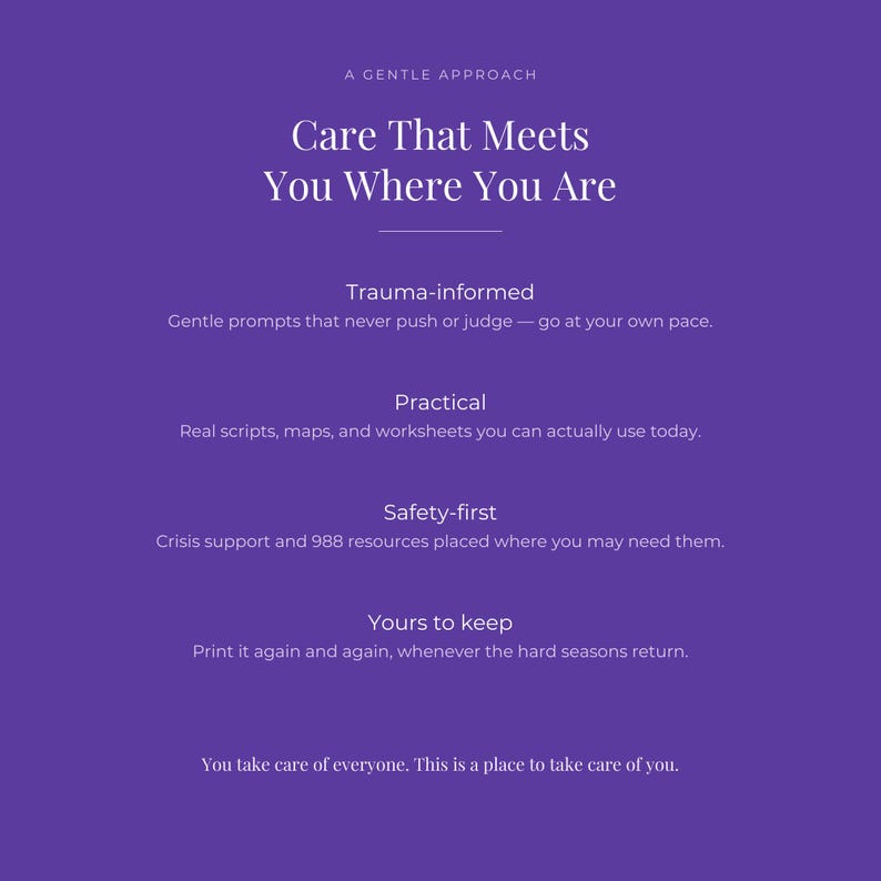 Puede incluir: Un gr&aacute;fico informativo morado con texto blanco titulado A Gentle Approach, Care That Meets You Where You Are. Enumera caracter&iacute;sticas: Trauma-informed, Practical, Safety-first y Yours to keep, terminando con, You take care of everyone. This is a place to take care of you.