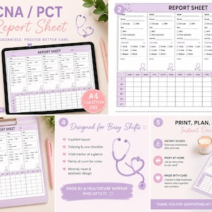 May include: A digital download report sheet for CNA/PCT healthcare workers. The design includes a 4-patient overview, vitals tracker, and is clean and easy to use. The sheet is available in A4 and US Letter sizes.