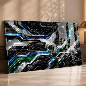 May include: A rectangular wall art piece featuring a black marble background with intricate, glowing blue and green circuit board patterns, metallic silver geometric lines, and small gold accents, creating a high-contrast, modern digital aesthetic.