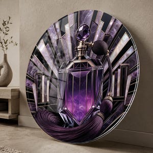 May include: A circular wall art piece featuring a faceted purple glass perfume bottle with a black atomiser bulb and a long purple tassel. The background displays a geometric pattern of black and purple marble-like panels radiating outwards.