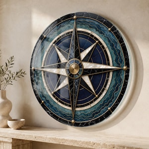 Puede incluir: Una pieza de arte mural circular con un diseño central de rosa de los vientos con puntas alternas de mármol negro y nácar blanco. El fondo muestra anillos concéntricos de azul profundo y verde azulado con patrones ondulados y líneas doradas.