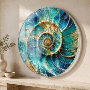 Può includere: Opera d'arte murale rotonda con un design a conchiglia di nautilus. L'opera presenta un motivo a spirale con sfumature di verde acqua, turchese e oro. Il pezzo ha una finitura lucida e una cornice argentata, creando un tema costiero. Diametro: circa 60 cm.