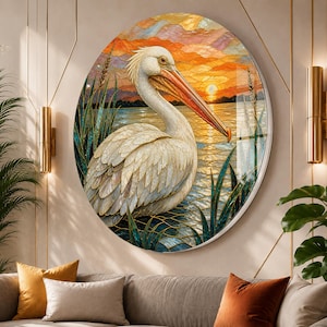 Stained Glass Looking White Pelican Tempered Glass Wall Art, Round Sunset Lake Decor