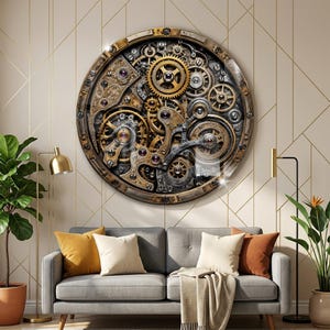 May include: A large, round wall art piece featuring a detailed steampunk clock mechanism. The artwork showcases a complex arrangement of gears, cogs, and other mechanical components in shades of gold, bronze, and silver. The clock is mounted on a light-colored wall.