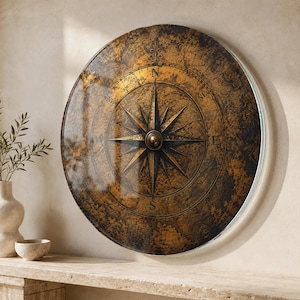 Puede incluir: Una gran decoración mural redonda con un diseño de brújula vintage. La obra de arte tiene un aspecto envejecido y desgastado con una paleta de colores dorados y marrones. La rosa de los vientos se muestra prominentemente en el centro, con marcas direccionales.