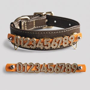 May include: A dark brown leather collar with white stitching and a metal buckle. Attached to the collar is an orange strap featuring gold-toned metal numbers from 0 to 9, each encrusted with small clear crystals. A separate orange strap with the same crystal-encrusted numbers is positioned below the collar.