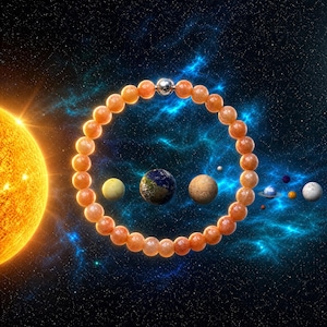 May include: A circular beaded bracelet made of polished orange gemstone beads with a single silver-toned metallic bead at the top, positioned against a backdrop of a bright yellow sun and various planets floating in deep space with blue nebula clouds.