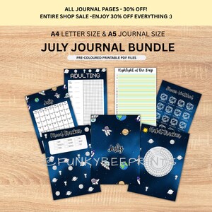 Może przedstawiać: Zestaw dziennika na lipiec zawierający pliki PDF do druku w formatach A4 i A5, z motywami kosmicznymi przedstawiającymi astronautów i planety. Zestaw zawiera kalendarz, tracker nastroju, tracker nawyków oraz stronę z zadaniami dla dorosłych.