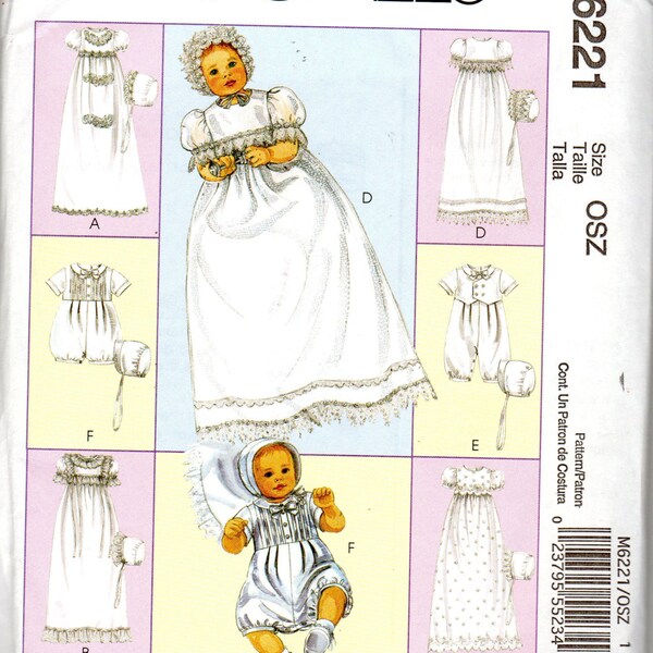 Infants' Christening or Baptism Gown and Rompers with Bonnets Pattern - One Size - McCall's M6221