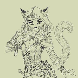 May include: Detailed pencil sketch of a cat-like humanoid character. The figure wears a hooded garment with cat ears, a corset, and arm wraps. A fluffy tail extends from the back. A sword and a holster are visible on the belt.