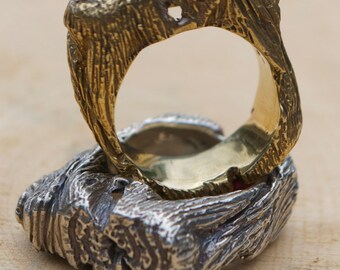 Woodland Ring - Sterling silver + Brass statement "Stump" ring with unique, natural carved wood texture. Handmade with love in Canada