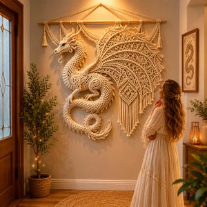 Op de afbeelding: Een grote, crèmekleurige macramé draak wandhanger met ingewikkelde details. De draak heeft uitgespreide vleugels en een lange, kronkelende staart. De wandhanger is bevestigd aan een houten staaf en is een uniek decoratiestuk.