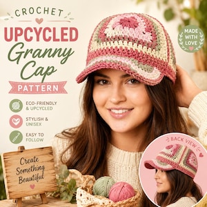May include: A crocheted upcycled Granny Cap in shades of pink, cream, and green. The cap features a brim and a square pattern design. The image includes text that reads "Crochet Upcycled Granny Cap Pattern" and "Create Something Beautiful."