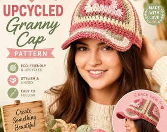 Patrón de gorro de béisbol cuadrado de ganchillo estilo abuela – Tutorial de estilo reciclado (Descarga en PDF)