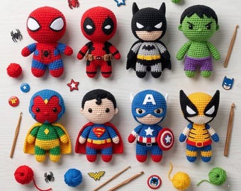 Superhero Häkelanleitung Bundle, 8 in 1 Comic-Amigurumi-Tutorial, Chibi Held Plushie PDF, Geeky Nerd Häkelgeschenk Pattern Pack