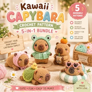 Könnte beinhalten: Ein Set mit fünf niedlichen Häkelanleitungen für Capybaras. Die abgebildeten Capybaras tragen verschiedene Accessoires, wie eine Frosch-Kapuze und Sonnenbrille. Der Text lautet "Kawaii Capybara Crochet Pattern 5-in-1 Bundle".