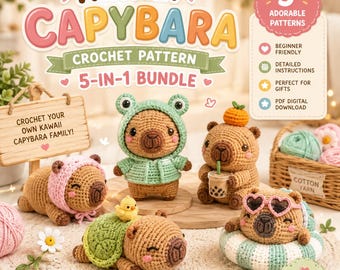 Zestaw wzorów szydełkowych na kapibarę Kawaii | 5 w 1 Amigurumi PDF | Urocze wzory szydełkowe na kapibarę | Prezent DIY dla początkujących