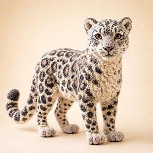 May include: A handmade crochet snow leopard sculpture. The soft toy features a cream body with dark brown and black spots. The leopard has detailed facial features, including brown eyes and a pink nose. The tail is curled and the paws are detailed.