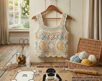 Coastal Grandma vierkante tanktop haakpatroon | Zomerse boho-kanten camisole-tutorial (digitale download)
