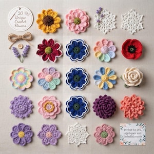 Può includere: Una collezione di 20 fiori e motivi in pizzo all'uncinetto in vari colori, tra cui giallo, rosa, blu, viola, rosso e bianco. Il set include un'etichetta rotonda con la scritta 20 Unique Crochet Flowers, un fiocco di spago e un'etichetta rettangolare.