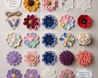 Crochet Flower Patterns Bundle,20 Unique DIY Applique Designs,Floral Embellishment Tutorial, Handmade Craft Ideas for Beginners,PDF Download
