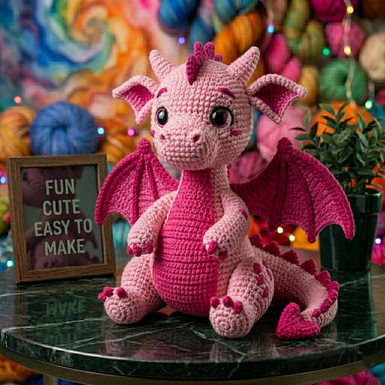 Peut inclure: Un dragon en crochet rose et magenta fait &agrave; la main, avec de grands yeux, des ailes et une queue pointue. Le dragon est assis sur une table en marbre vert. Une petite pancarte encadr&eacute;e &agrave; c&ocirc;t&eacute; du dragon indique "FUN CUTE EASY TO MAKE."
