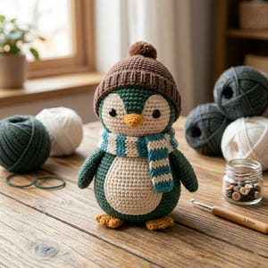 May include: A handmade crochet penguin wearing a brown knit cap and a blue and white striped scarf. The penguin has a beige belly, green body, and yellow feet. The penguin is sitting on a wooden surface with yarn balls and a crochet hook.
