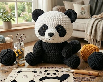 Patrón de crochet de panda gigante en PDF, peluche de panda amigurumi grueso, tutorial de animal de peluche grande, lindo oso kawaii, descarga digital
