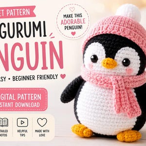May include: A crochet pattern for an amigurumi penguin. The penguin is black and white with a pink hat and scarf. The pattern is described as cute, easy, and beginner-friendly. The image includes the text "Digital Download".