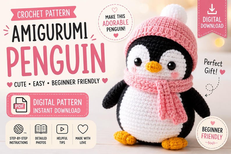May include: A crochet pattern for an amigurumi penguin. The penguin is black and white with a pink hat and scarf. The pattern is described as cute, easy, and beginner-friendly. The image includes the text "Digital Download".