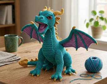 Patrón de dragón a crochet / Criatura fantástica amigurumi DIY / Tutorial detallado en PDF para un peluche de dragón mítico realista hecho a mano