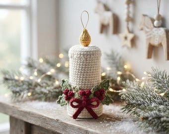 Crochet Christmas Candle Ornament Pattern, Rustic Holiday Decor, Handmade Xmas Gift