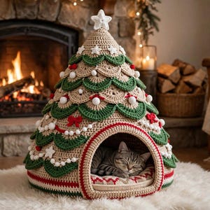 May include: A cone-shaped, crocheted pet bed designed to resemble a Christmas tree. The structure features layers of green and beige yarn, decorated with small white stars, red bows, and white pom-poms. A tabby cat is sleeping inside the opening.