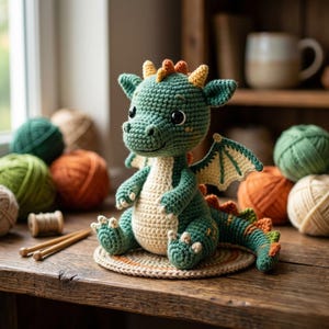 Peut inclure: Un adorable dragon en crochet, vert, cr&egrave;me et orange, pos&eacute; sur une surface en bois. Le dragon a de grands yeux, des ailes et une queue d&eacute;taill&eacute;e. Des pelotes de laine de diff&eacute;rentes couleurs sont visibles en arri&egrave;re-plan.