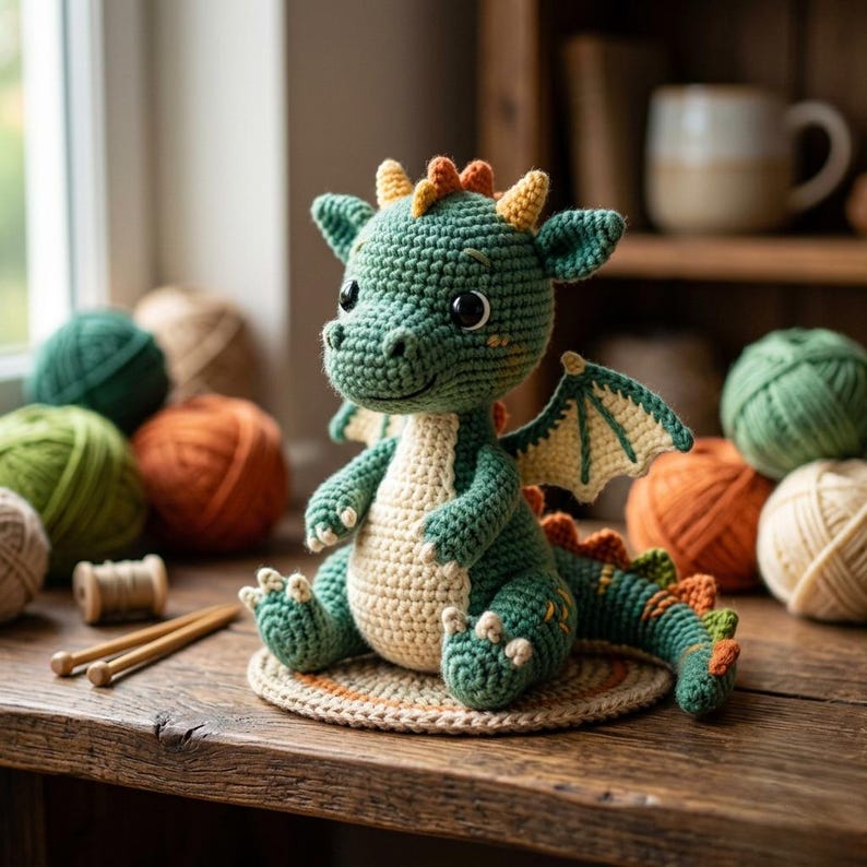 Peut inclure: Un adorable dragon en crochet, vert, cr&egrave;me et orange, pos&eacute; sur une surface en bois. Le dragon a de grands yeux, des ailes et une queue d&eacute;taill&eacute;e. Des pelotes de laine de diff&eacute;rentes couleurs sont visibles en arri&egrave;re-plan.