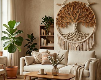 Patrón de ganchillo del Árbol de la Vida, tutorial para tapiz de pared texturizado, arte textil de aro con mandala bohemio, atrapasueños de geometría sagrada, descarga digital en PDF.