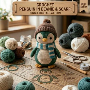 May include: A crocheted penguin wearing a brown beanie and a blue and white striped scarf. The penguin is surrounded by yarn skeins, a crochet hook, scissors, and a measuring tape. The text on the wooden sign reads "CROCHET PENGUIN IN BEANIE & SCARF: SINGLE DIGITAL PATTERN."