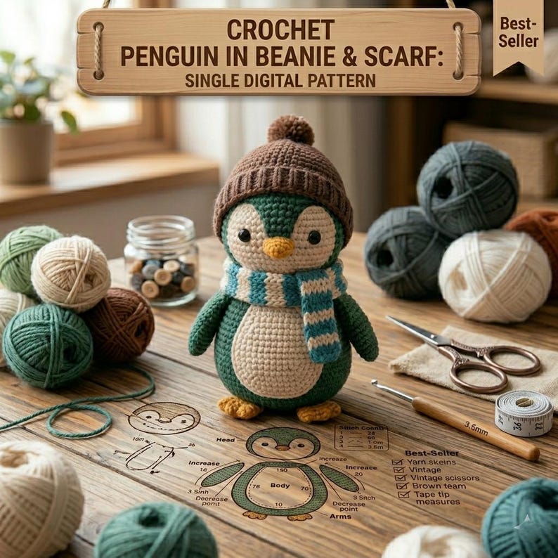 May include: A crocheted penguin wearing a brown beanie and a blue and white striped scarf. The penguin is surrounded by yarn skeins, a crochet hook, scissors, and a measuring tape. The text on the wooden sign reads "CROCHET PENGUIN IN BEANIE & SCARF: SINGLE DIGITAL PATTERN."