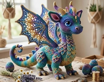 Patrón de dragón a crochet en PDF, tutorial de amigurumi mágico y fantástico, animal de peluche mítico para hacer tú mismo, regalo único, guía de crochet de descarga instantánea.