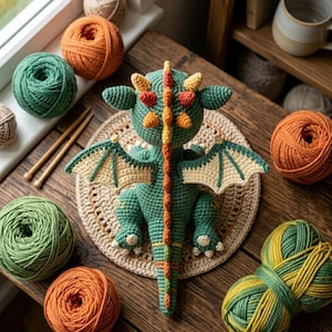 Peut inclure: Un dragon fait &agrave; la main au crochet, vert, orange et cr&egrave;me, avec des ailes d&eacute;taill&eacute;es et un corps textur&eacute;. Le dragon est pos&eacute; sur un napperon au crochet, entour&eacute; de pelotes de laine aux couleurs assorties et d'aiguilles &agrave; tricoter.