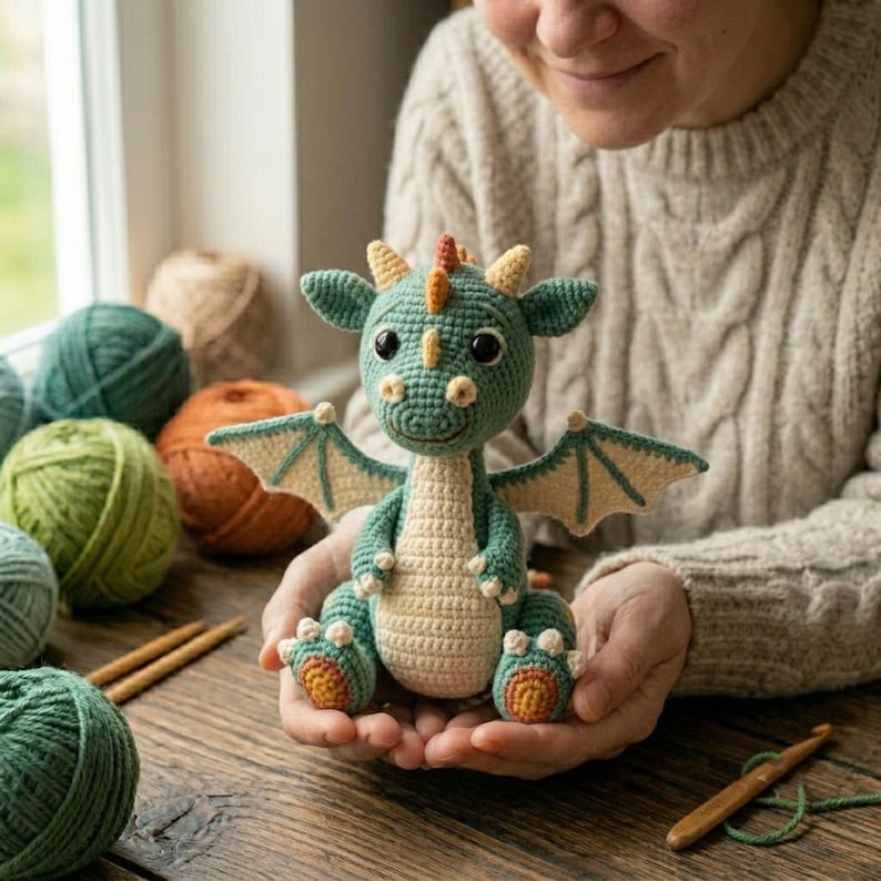 Peut inclure: Un dragon en crochet fait &agrave; la main, dans des tons de vert, beige et orange. Le dragon a de grands yeux noirs et de petites ailes. Il est tenu dans les mains. Des pelotes de laine et des aiguilles &agrave; tricoter sont visibles en arri&egrave;re-plan.