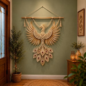 May include: A large macrame wall hanging featuring a detailed phoenix design in cream-colored cord. The bird has expansive wings, a crested head, and a long tail with dark red accents. It is suspended from a horizontal wooden rod with tassels.