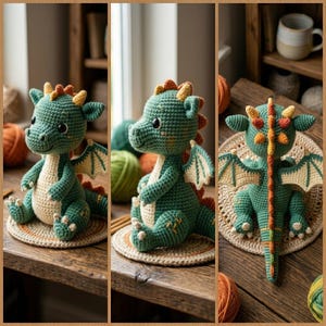 Peut inclure: Trois images d'un jouet dragon au crochet. Le dragon est principalement vert avec des accents cr&egrave;me sur son ventre et ses ailes. Il a des cornes orange et jaunes et une expression amicale. Le dragon est assis sur un tapis circulaire crochet&eacute;.