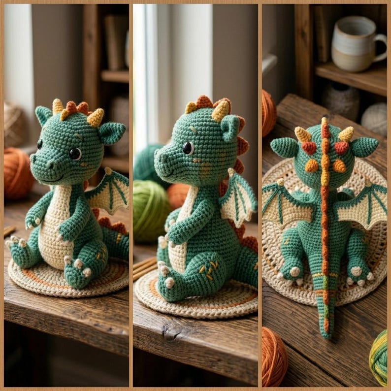 Peut inclure: Trois images d'un jouet dragon au crochet. Le dragon est principalement vert avec des accents cr&egrave;me sur son ventre et ses ailes. Il a des cornes orange et jaunes et une expression amicale. Le dragon est assis sur un tapis circulaire crochet&eacute;.