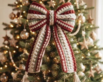 Crochet Christmas Tree Bow Pattern, Holiday Tree Topper Crochet, Rustic Xmas Bow PDF