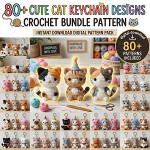 Op de afbeelding: Een digitaal patroonpakket voor 80+ gehaakte katten-sleutelhangers met de tekst 80+ CUTE CAT KEYCHAIN DESIGNS CROCHET BUNDLE PATTERN. De afbeelding toont diverse kleine, gehaakte kattenfiguren in verschillende kleuren, garen en een haaknaald.