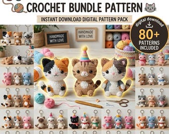 Paquete de más de 80 patrones de ganchillo para llaveros de gatos, paquete de patrones de amigurumi de gatos, tutorial de ganchillo fácil para gatitos en PDF, amigurumi de gatos pequeños, descarga instantánea.
