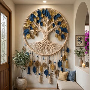 May include: A large circular wall hanging featuring a macrame tree of life design with braided beige cord roots and branches. The tree is adorned with numerous crocheted leaves in shades of deep blue and mustard yellow, accented by hanging tassels.